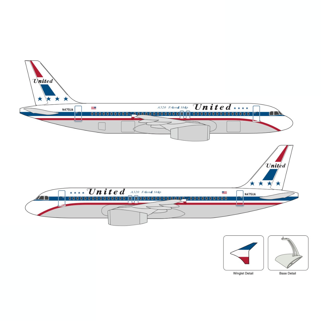 2D rendering of a United Airlines A320 "Friend Ship" scale aircraft model by Pacmin Studios