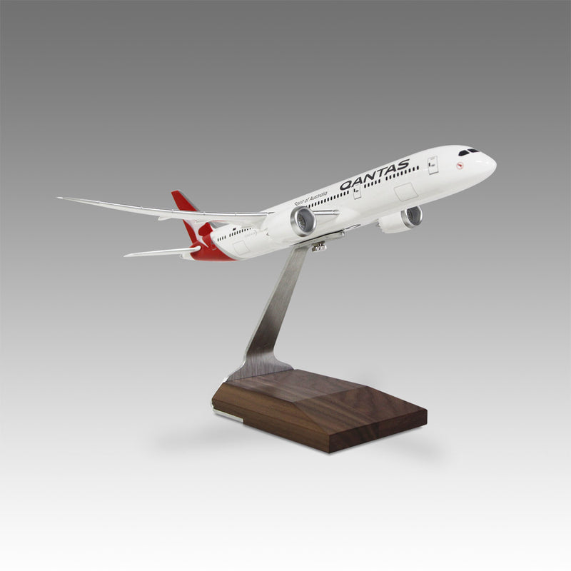 Qantas 787-9 scale aircraft model on wood base by Pacmin Studios showcasing the right side