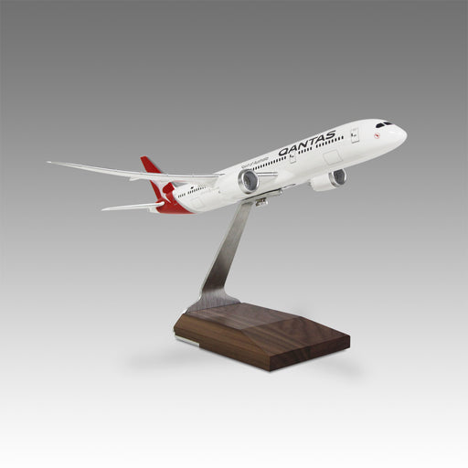 Qantas 787-9 scale aircraft model on wood base by Pacmin Studios showcasing the right side
