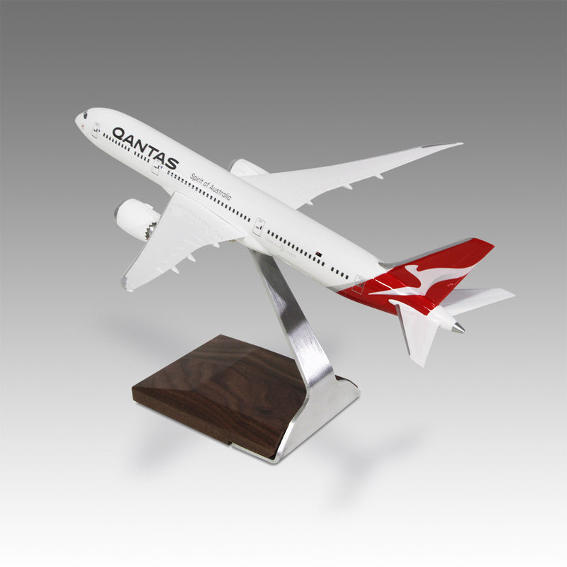 Qantas 787-9 scale aircraft model on wood base by Pacmin Studios showcasing the top left