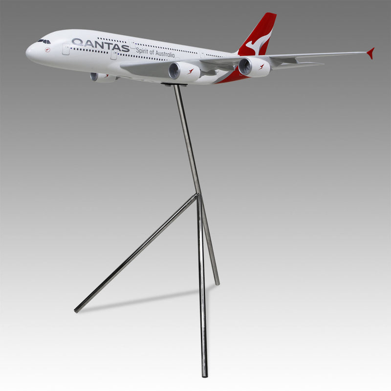 Qantas A380 large scale aircraft exhibit model on tripod base by Pacmin Studios angled to the left