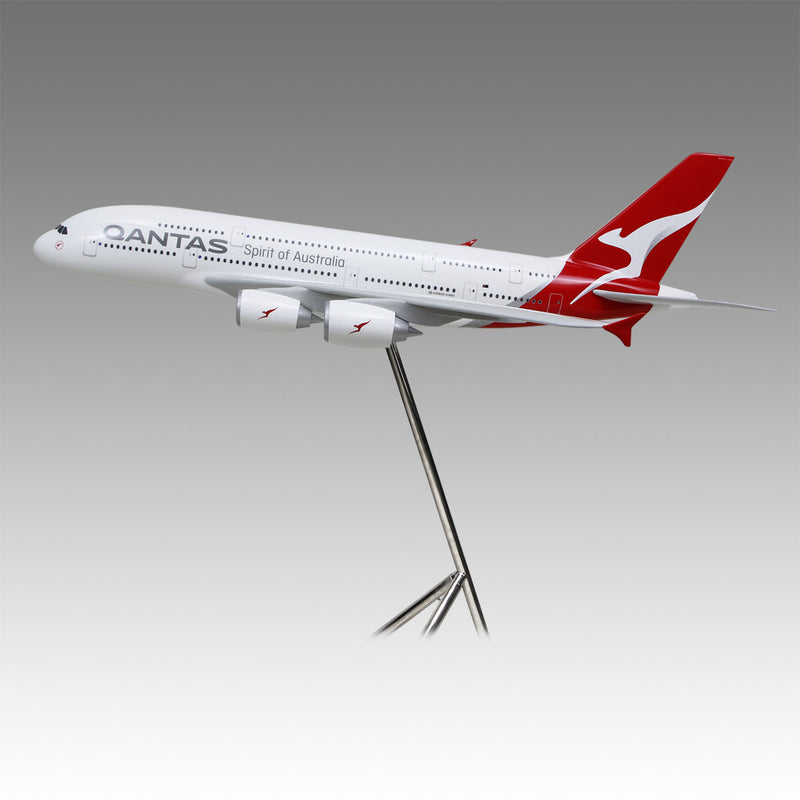 Qantas A380 large scale aircraft exhibit model on tripod base by Pacmin Studios showcasing the left side