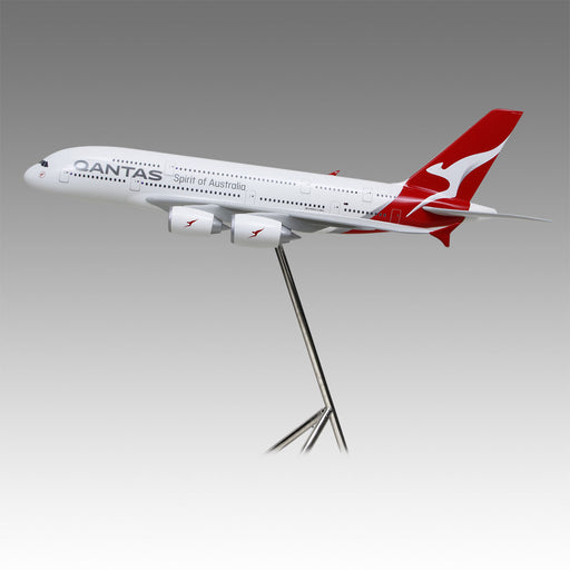 Qantas A380 large scale aircraft exhibit model on tripod base by Pacmin Studios showcasing the left side