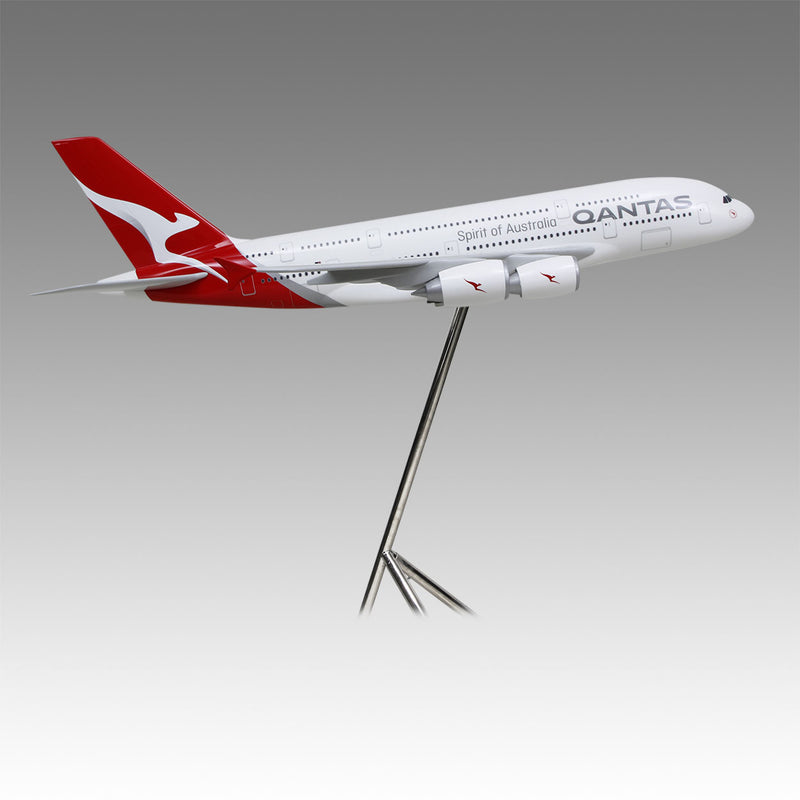 Qantas A380 large scale aircraft exhibit model on tripod base by Pacmin Studios showcasing the right side