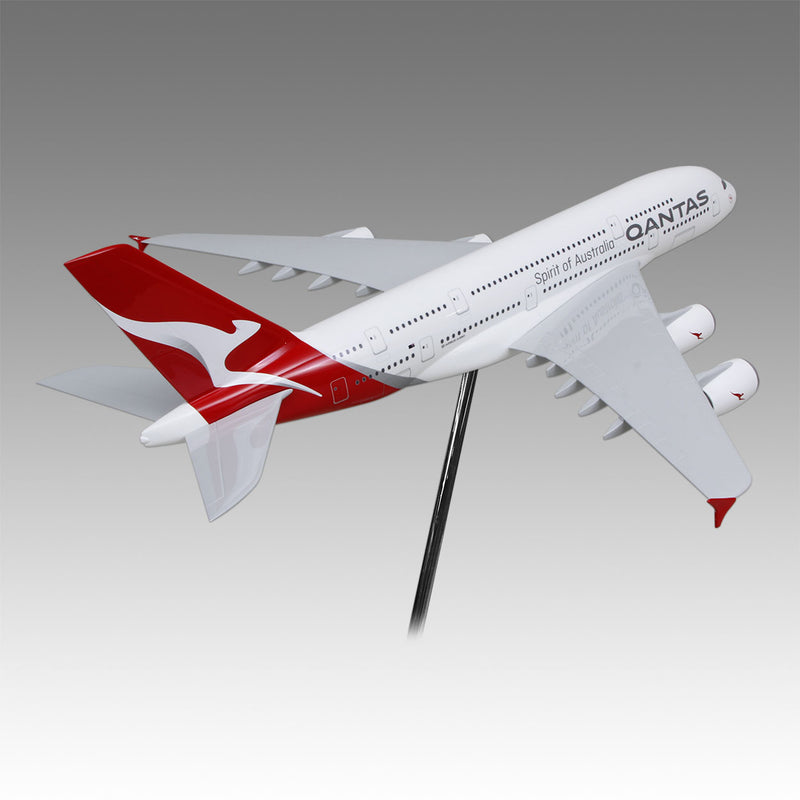 Qantas A380 large scale aircraft exhibit model on tripod base by Pacmin Studios showcasing the top right