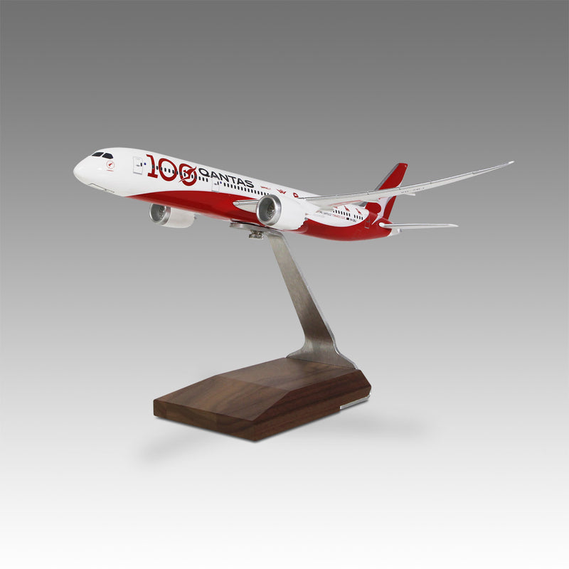 Qantas Centenary 787-9 scale aircraft model on wood base by Pacmin Studios showcasing the left side