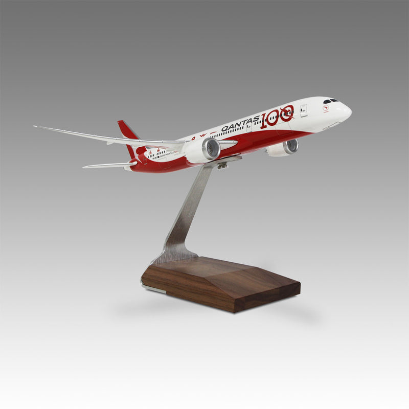 Qantas Centenary 787-9 scale aircraft model on wood base by Pacmin Studios showcasing the left side