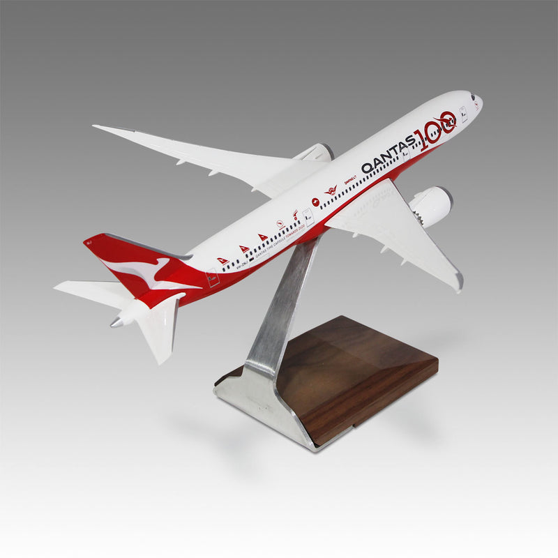 Qantas Centenary 787-9 scale aircraft model on wood base by Pacmin Studios showcasing the top right