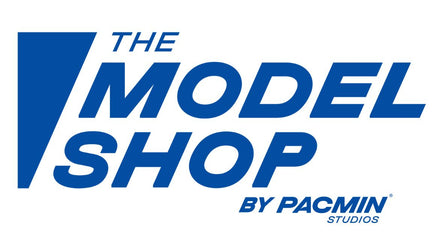 Logo of The Model Shop by Pacmin Studios with blue and white colors.