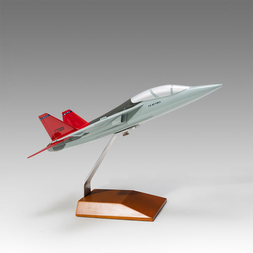 U.S. Air Force T-7A Red Hawk scale aircraft model on wood base by Pacmin Studios showcasing the right side