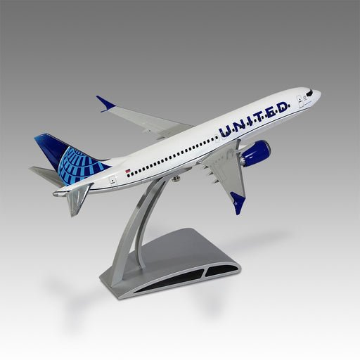 United Airlines 737 MAX 8 scale aircraft model on Airfoil™ base by Pacmin Studios showcasing the top right