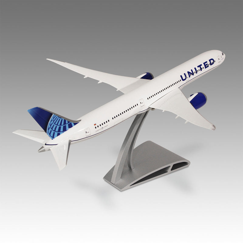 United Airlines 787-10 scale aircraft model on Airfoil™ base by Pacmin Studios showcasing the top right