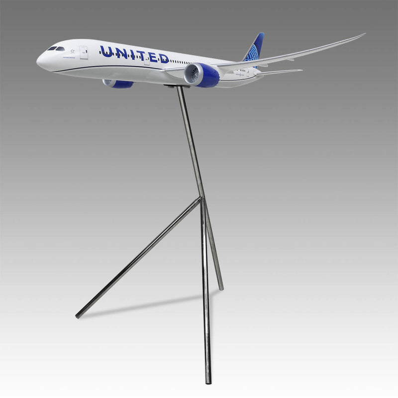 United Airlines 787-9 large scale aircraft exhibit model on tripod base by Pacmin Studios angled to the left