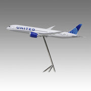 United Airlines 787-9 large scale aircraft exhibit model on tripod base by Pacmin Studios showcasing the left side