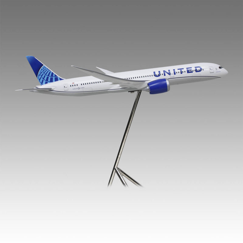United Airlines 787-9 large scale aircraft exhibit model on tripod base by Pacmin Studios showcasing the right side