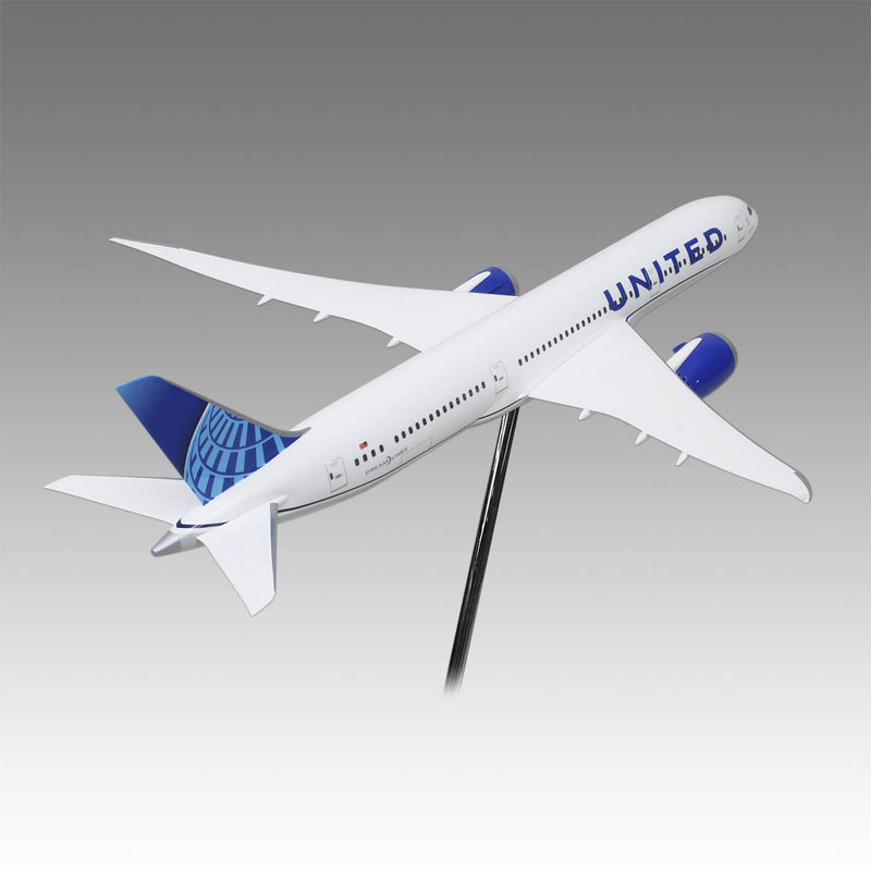 United Airlines 787-9 large scale aircraft exhibit model on tripod base by Pacmin Studios showcasing the top right