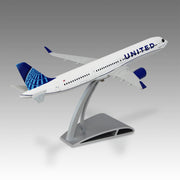 United Airlines A321neo scale aircraft model on Airfoil™ base by Pacmin Studios showcasing the top right