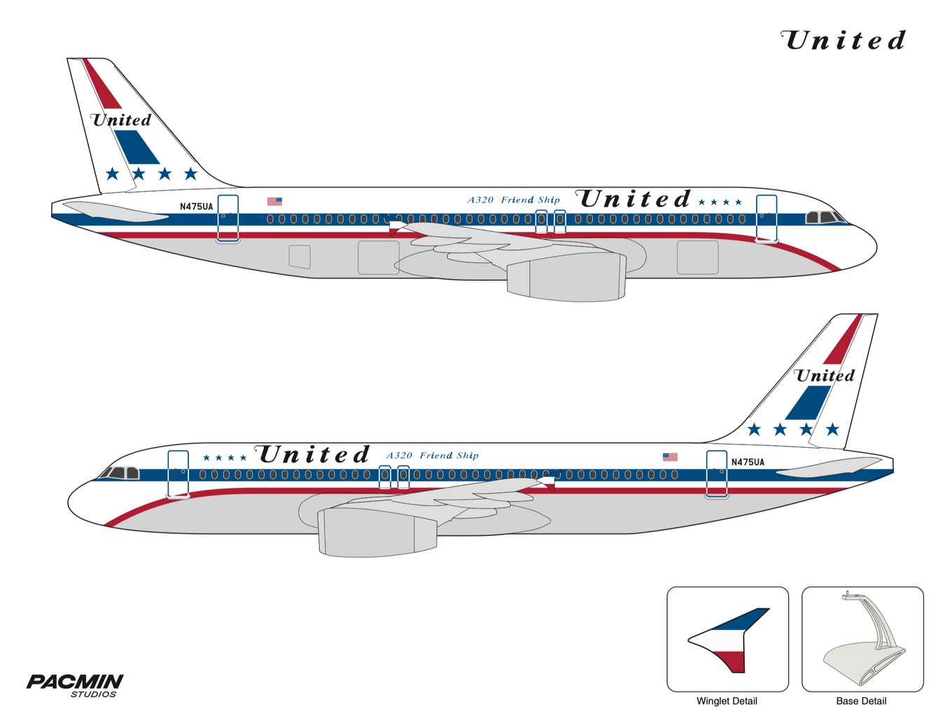 2D rendering of a United Airlines A320 "Friend Ship" scale aircraft model by Pacmin Studios