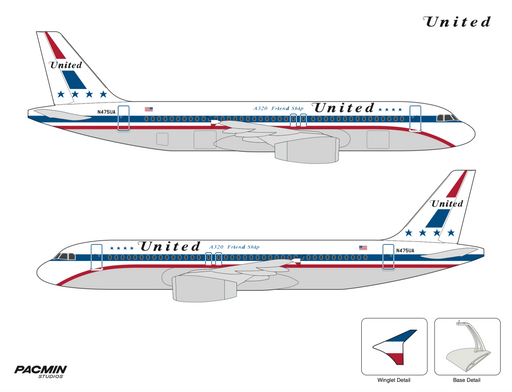 2D rendering of a United Airlines A320 "Friend Ship" scale aircraft model by Pacmin Studios