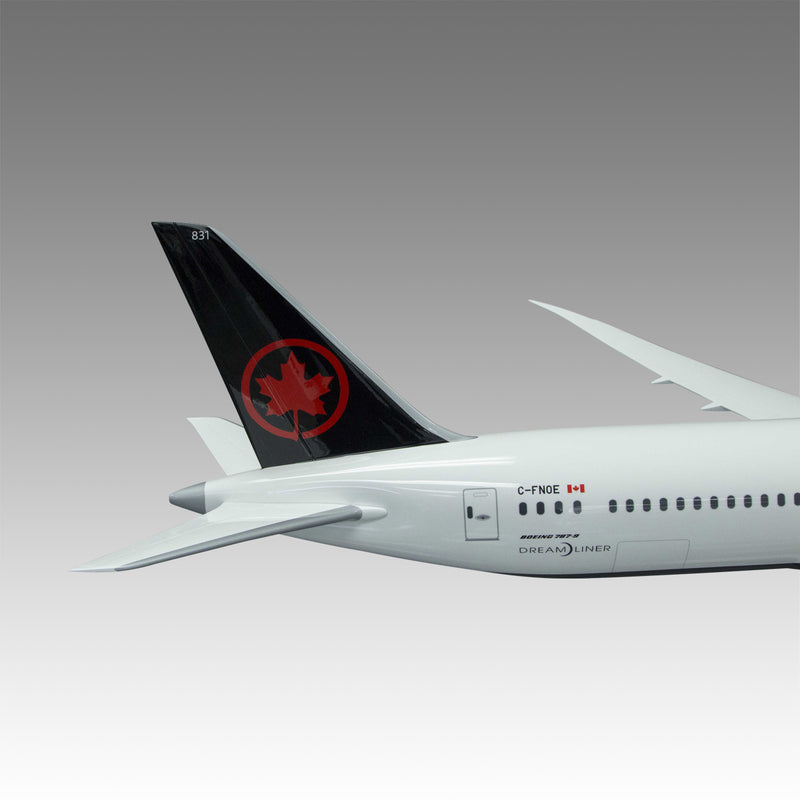 Air Canada 787-9 large scale aircraft exhibit model on tripod base by Pacmin Studios showcasing a closeup of the tail