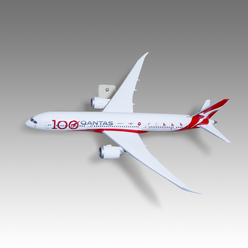 Qantas 787-9 scale aircraft model in Centenary livery mounted on a Pacmin Studios wall mount