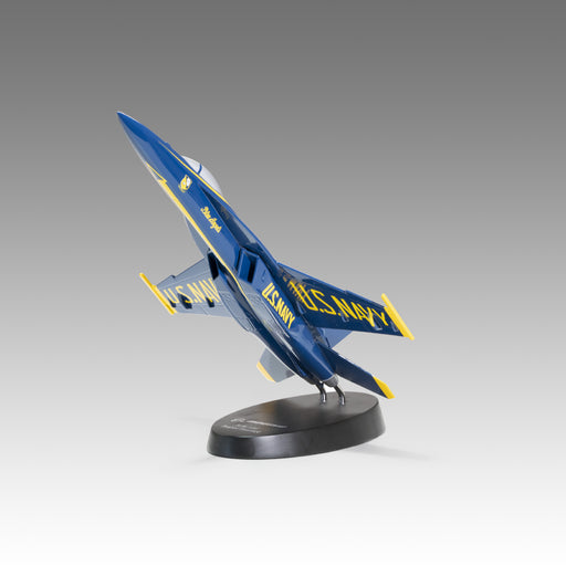 U.S. Air Force F/A-18E scale aircraft model in Blue Angels livery on resin base by Pacmin Studios angled up to the left