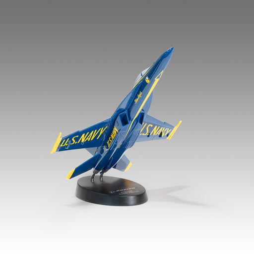 U.S. Air Force F/A-18E scale aircraft model in Blue Angels livery on resin base by Pacmin Studios angled up to the right