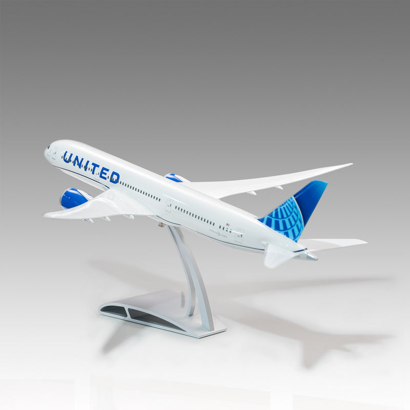 United Airlines 787-9 scale aircraft model on Airfoil™ base by Pacmin Studios showcasing the top left
